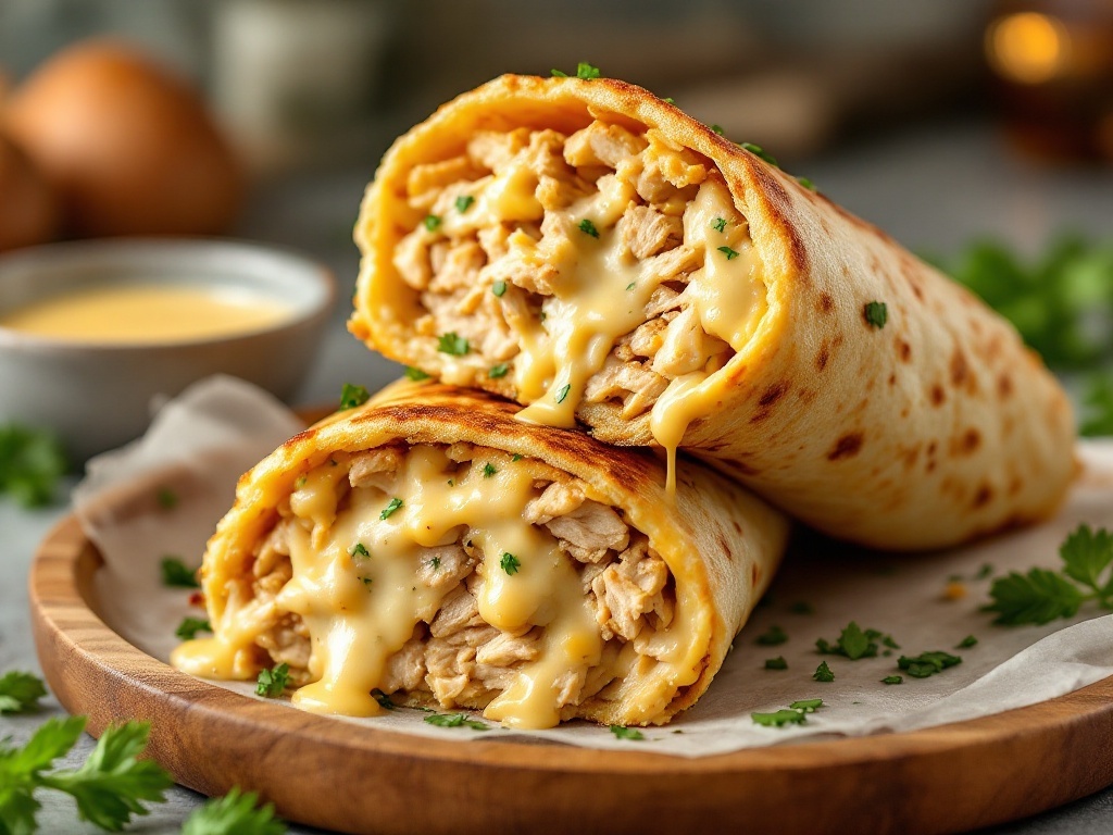Cheesy Garlic Chicken Wraps: A Delicious Dinner Option Crispy cheesy garlic chicken wrap filled with chicken and melted cheese, garnished with herbs on a wooden plate.